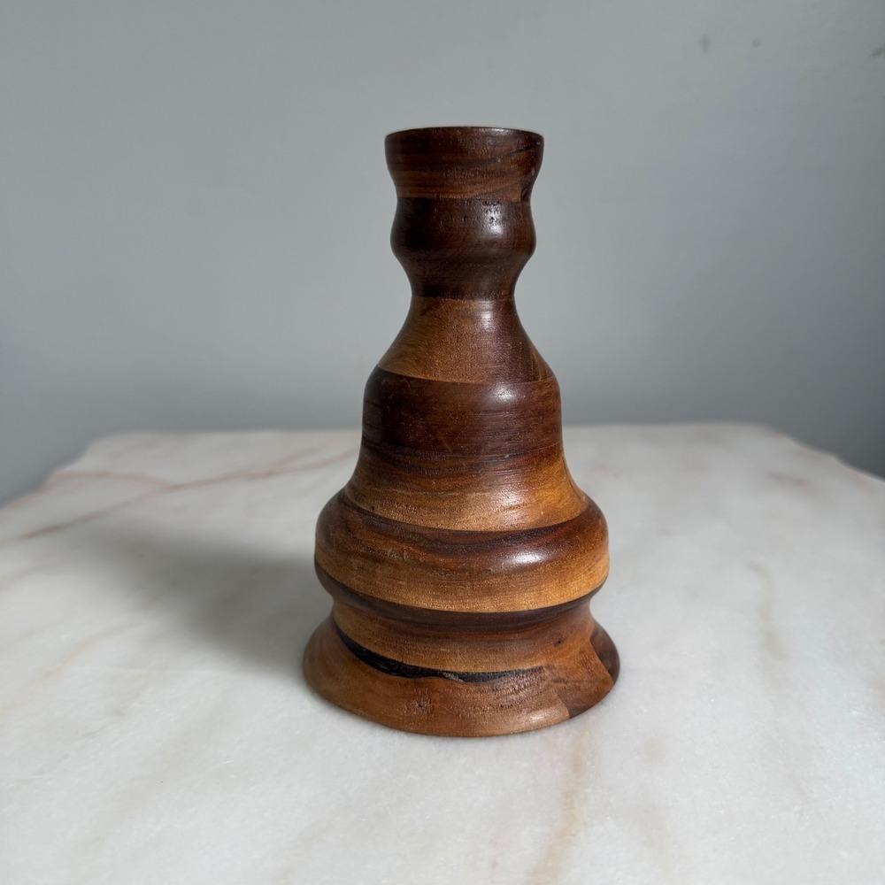 Vintage Hand Turned Striped Wood Taper Candle‎ Holder Mid Century Modern 6 Inch